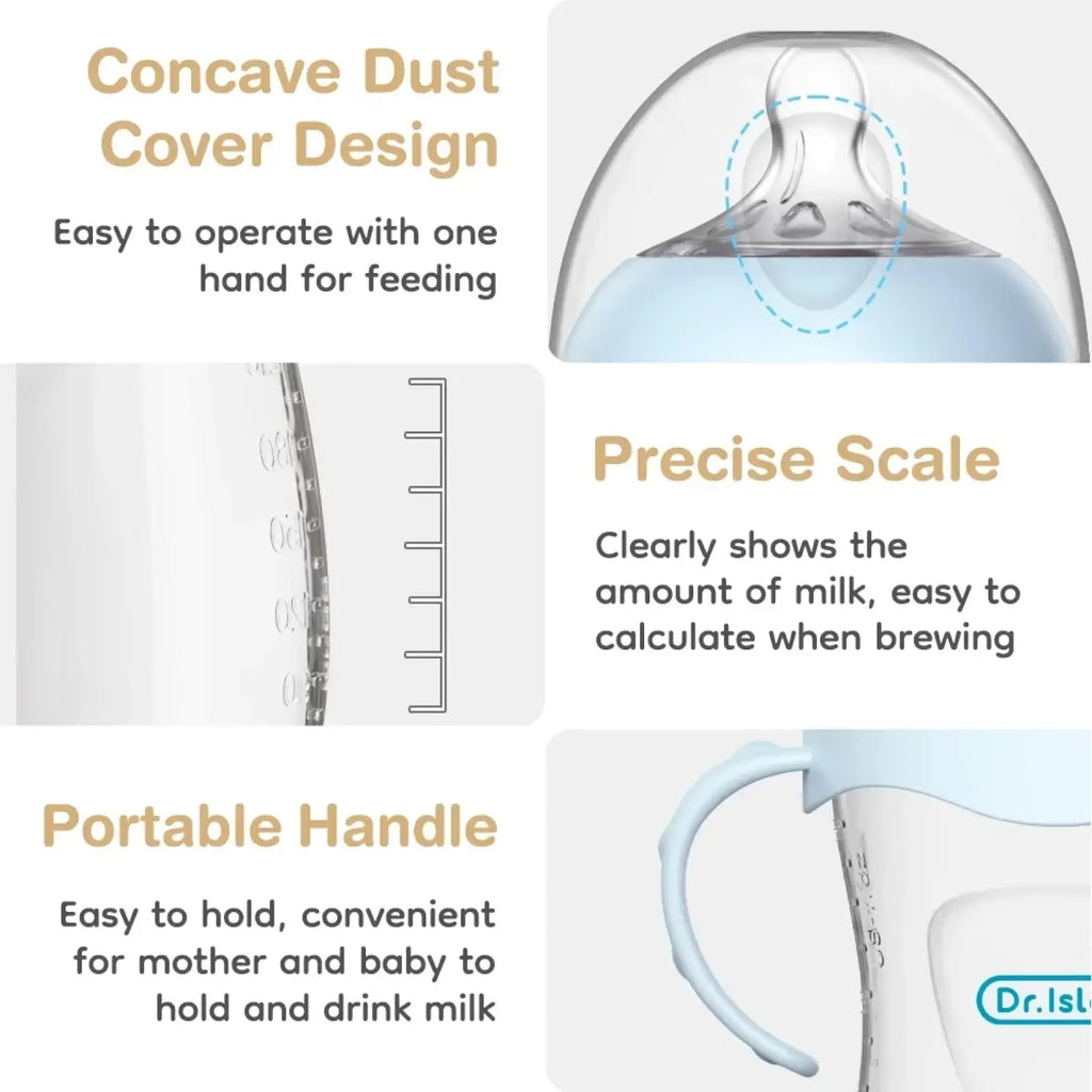 Clear plastic baby PP bottle with light blue handle and translucent nipple featuring measurement markings, BPA free