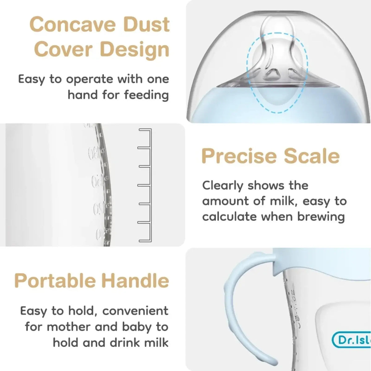 Clear plastic baby PP bottle with light blue handle and translucent nipple featuring measurement markings, BPA free