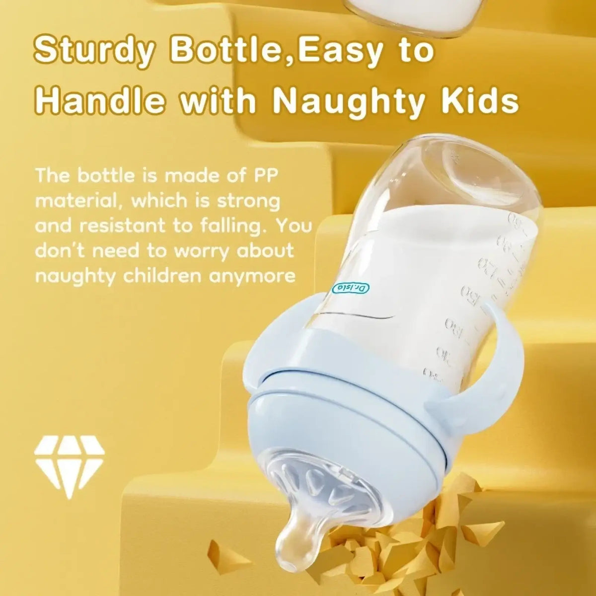 Light blue pp baby bottle with clear glass body and handle designed for easy gripping bpa free 150 330ml capacity