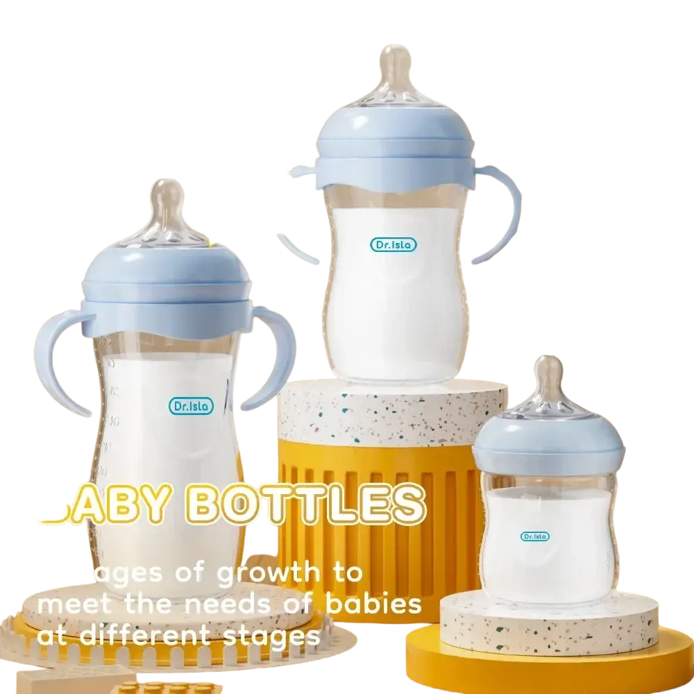 Light blue and clear baby pp bottle with handle 150 330ml bpa free made from durable safe plastic
