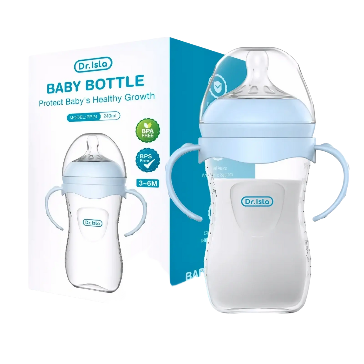 Light blue and clear baby PP bottle with soft handles BPA free available in 150 and 330ml sizes