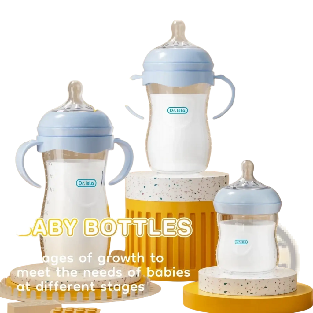 Light blue and clear baby pp bottle with handle 150 330ml bpa free made from durable safe plastic