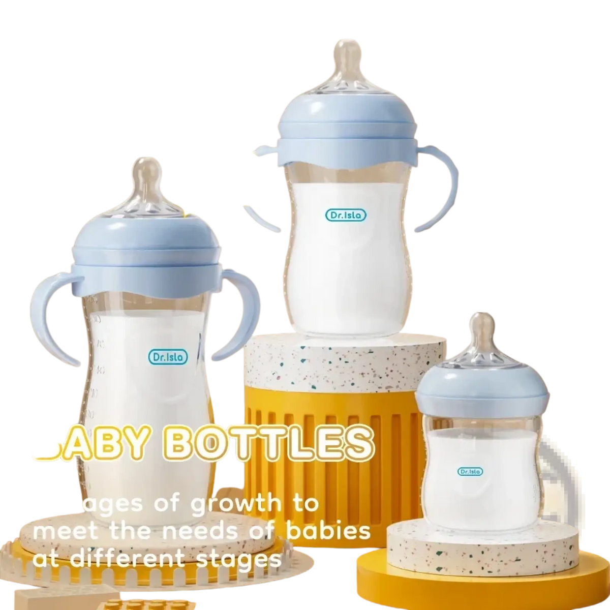 Light blue and clear baby pp bottle with handle 150 330ml bpa free made from durable safe plastic