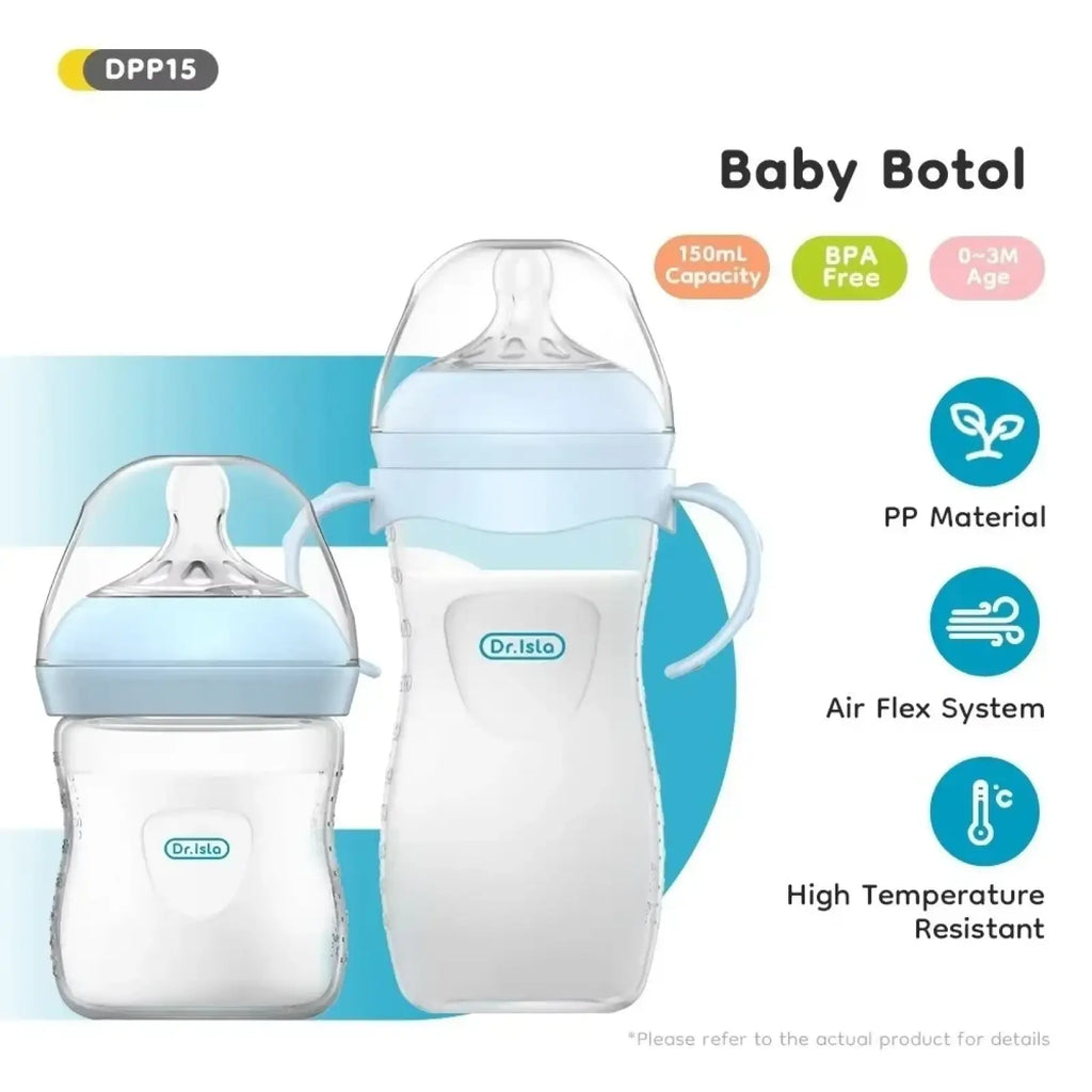 Light blue and clear plastic baby pp bottles with handles by dr suitable for 150 and 330ml bpa free feeding