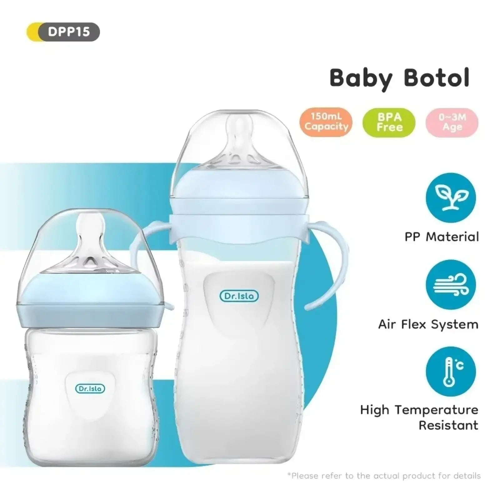 Light blue and clear plastic baby pp bottles with handles by dr suitable for 150 and 330ml bpa free feeding