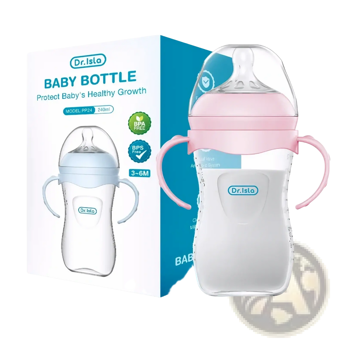 Baby pp bottle with pink handles and transparent glass body featuring a light pink silicone nipple cover bpa free