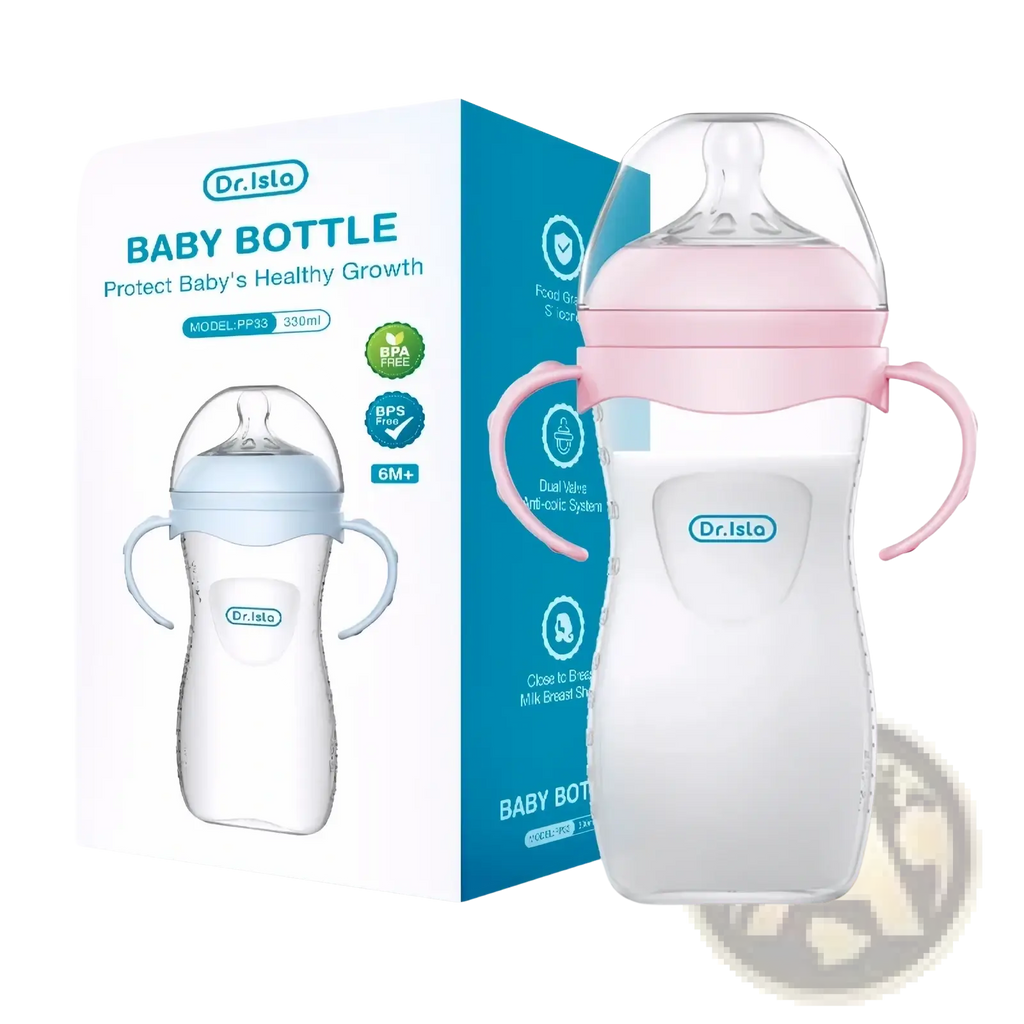 Baby pp bottle with handle in pink and clear bpa free plastic available in 150ml and 330ml sizes