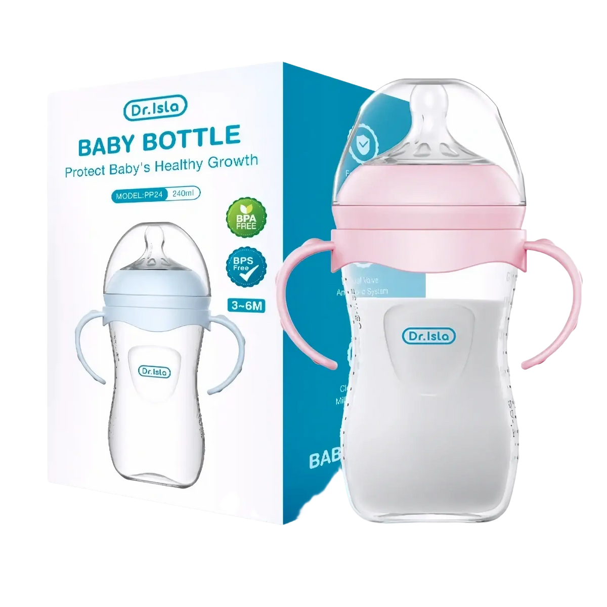 Baby pp bottle with pink handles and transparent glass body featuring a light pink silicone nipple cover bpa free