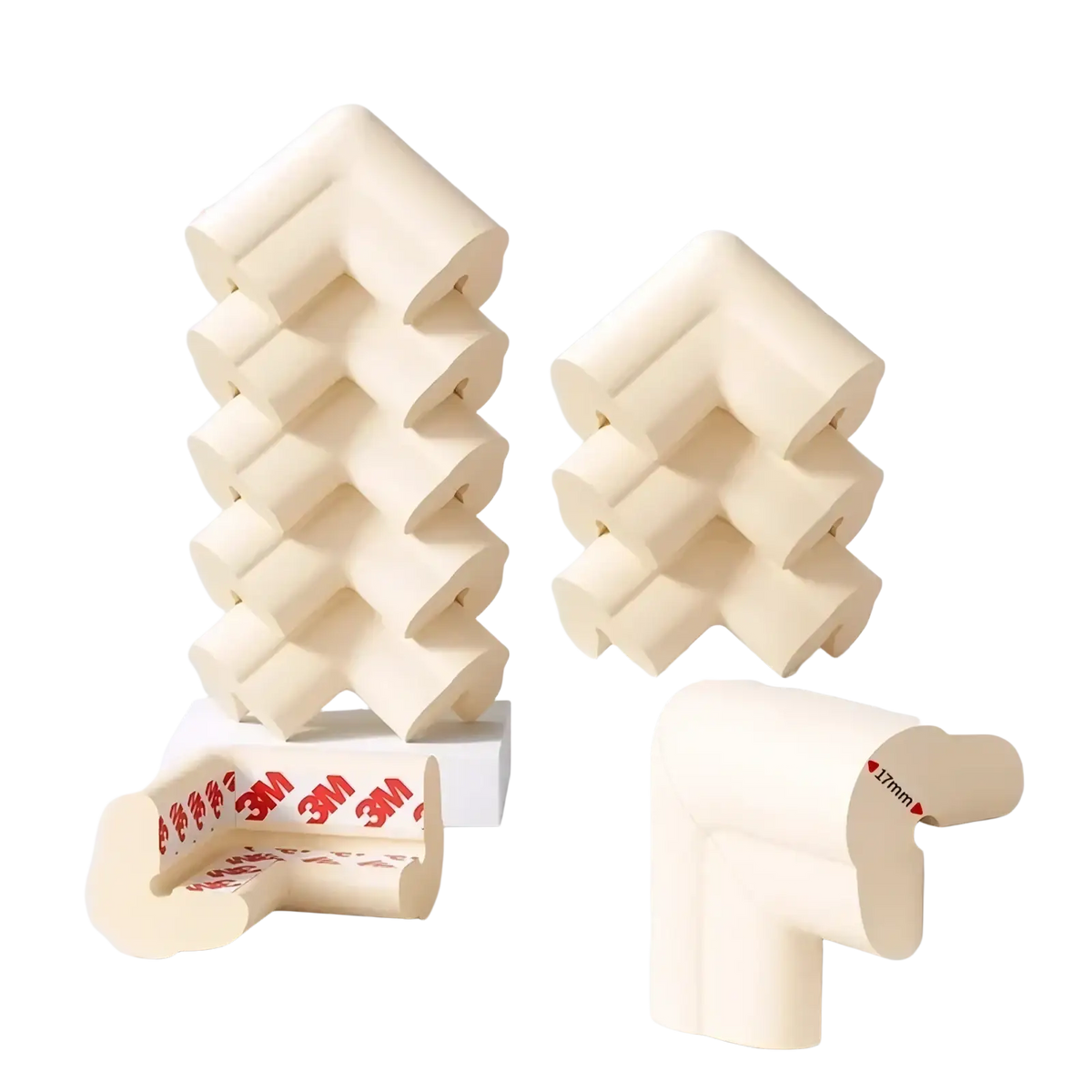 Beige baby safety corner guards made of soft foam with reinforced air cushioned design and no-sticker adhesive backing