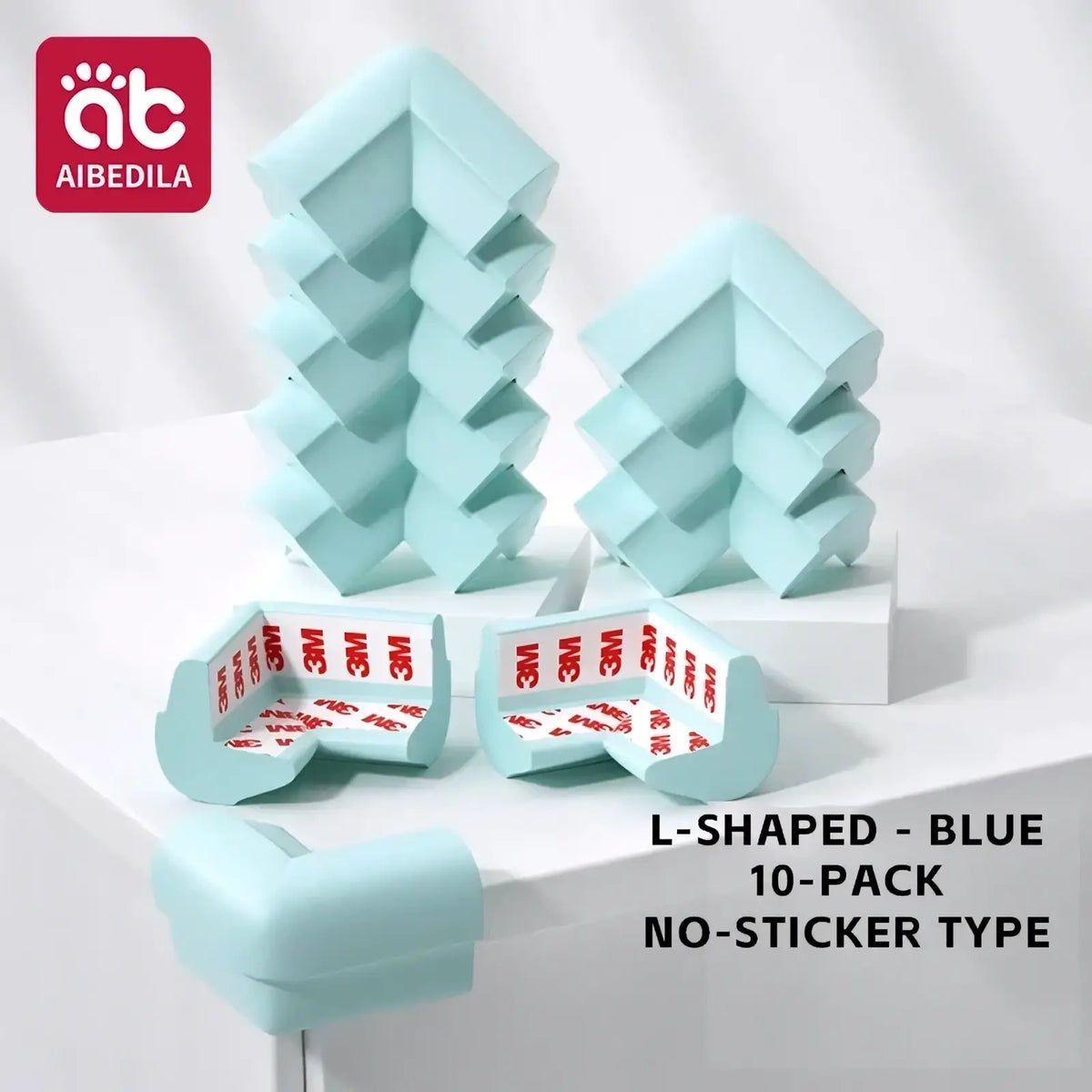 Light blue baby safety corner guards made of soft foam with adhesive backing for flexible edge protection