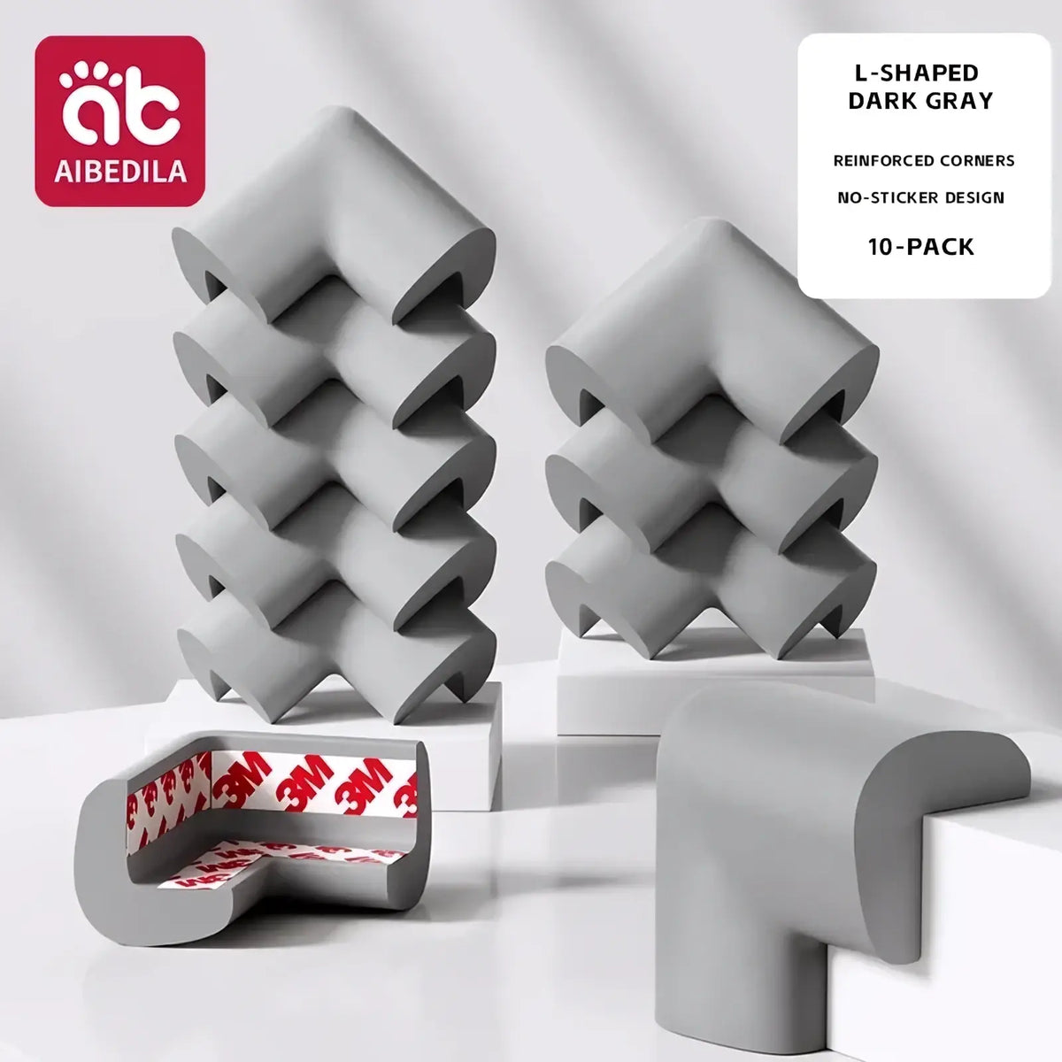Dark gray baby safety corner guards made of soft foam with reinforced edges and 3m adhesive no-sticker backing