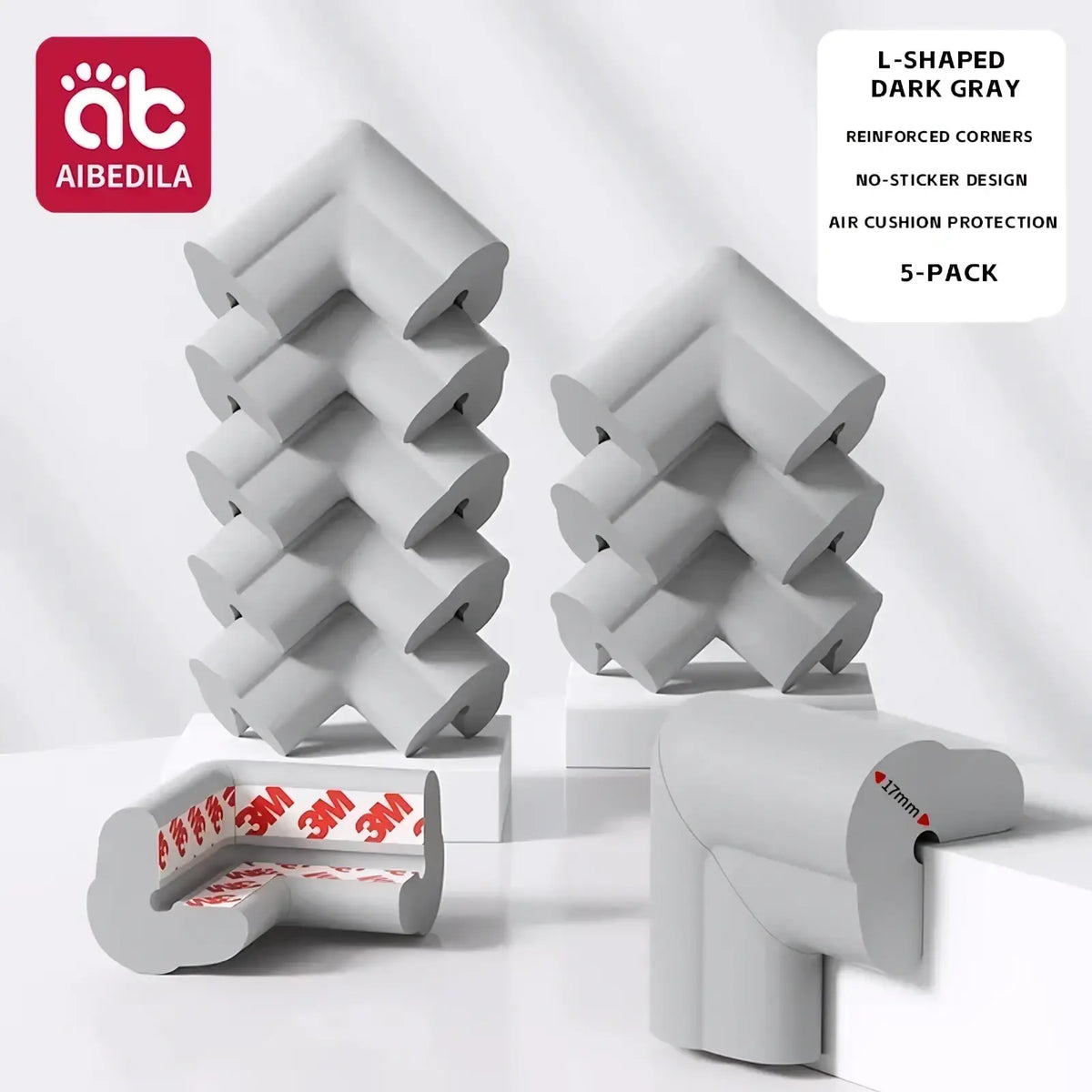 Dark gray l-shaped baby safety corner guards with reinforced foam design and 3m adhesive backing for edge protection