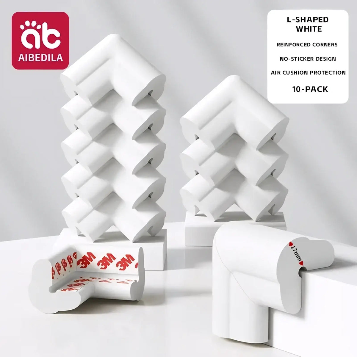 White l-shaped baby safety corner guards made of soft foam with reinforced air cushion and no-sticker 3m adhesive