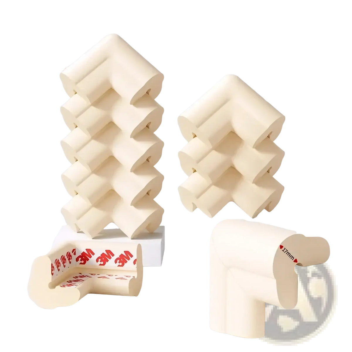 Beige baby safety corner guards made of soft foam with reinforced air cushioned design and no-sticker adhesive backing