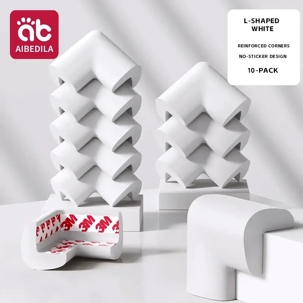 White l-shaped baby safety corner guards with soft foam, reinforced edges, and 3m adhesive backing for protection