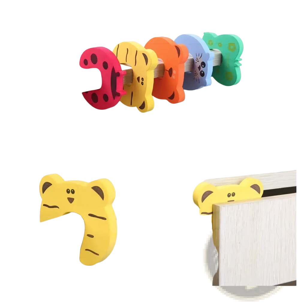 Brightly colored soft foam baby safety door stoppers in pink yellow orange blue and green shaped like cartoon animals