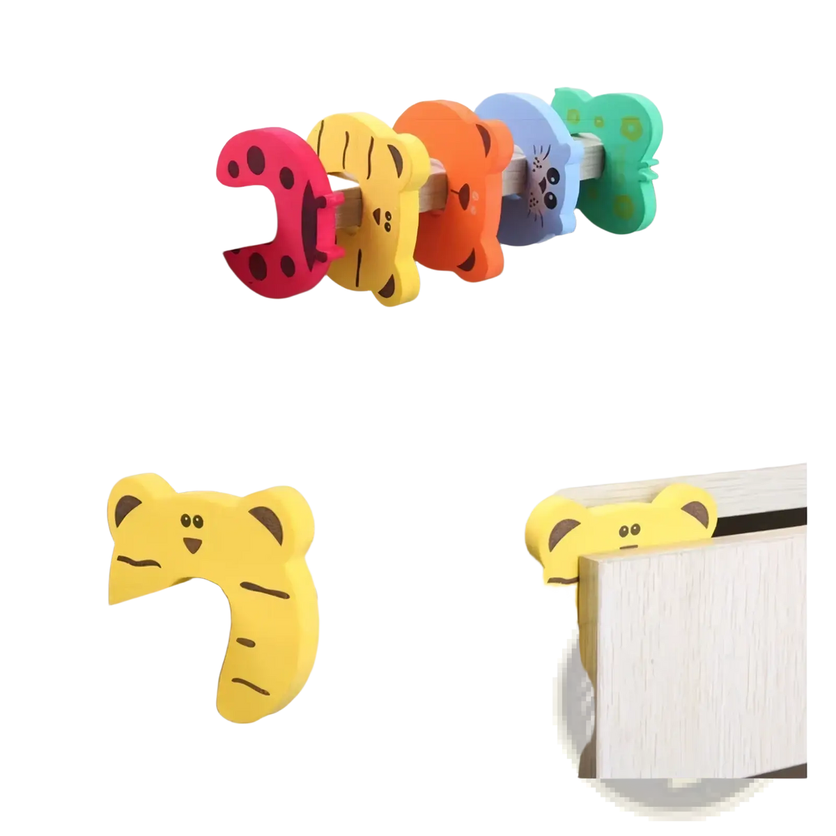 Brightly colored soft foam baby safety door stoppers in pink yellow orange blue and green shaped like cartoon animals