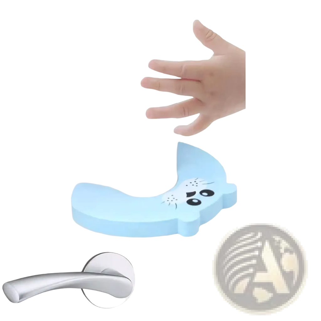 Light blue foam baby safety door stopper shaped like a cartoon cat with black eyes and whiskers for finger protection