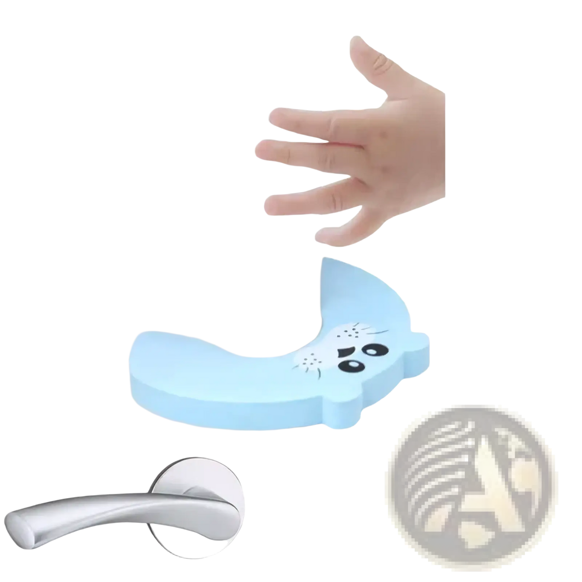 Light blue foam baby safety door stopper shaped like a cartoon cat with black eyes and whiskers for finger protection