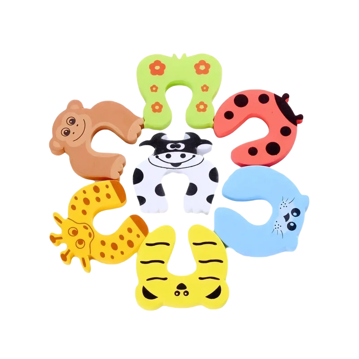 Set of five colorful cartoon animal-shaped rubber baby safety door stoppers with finger protector design