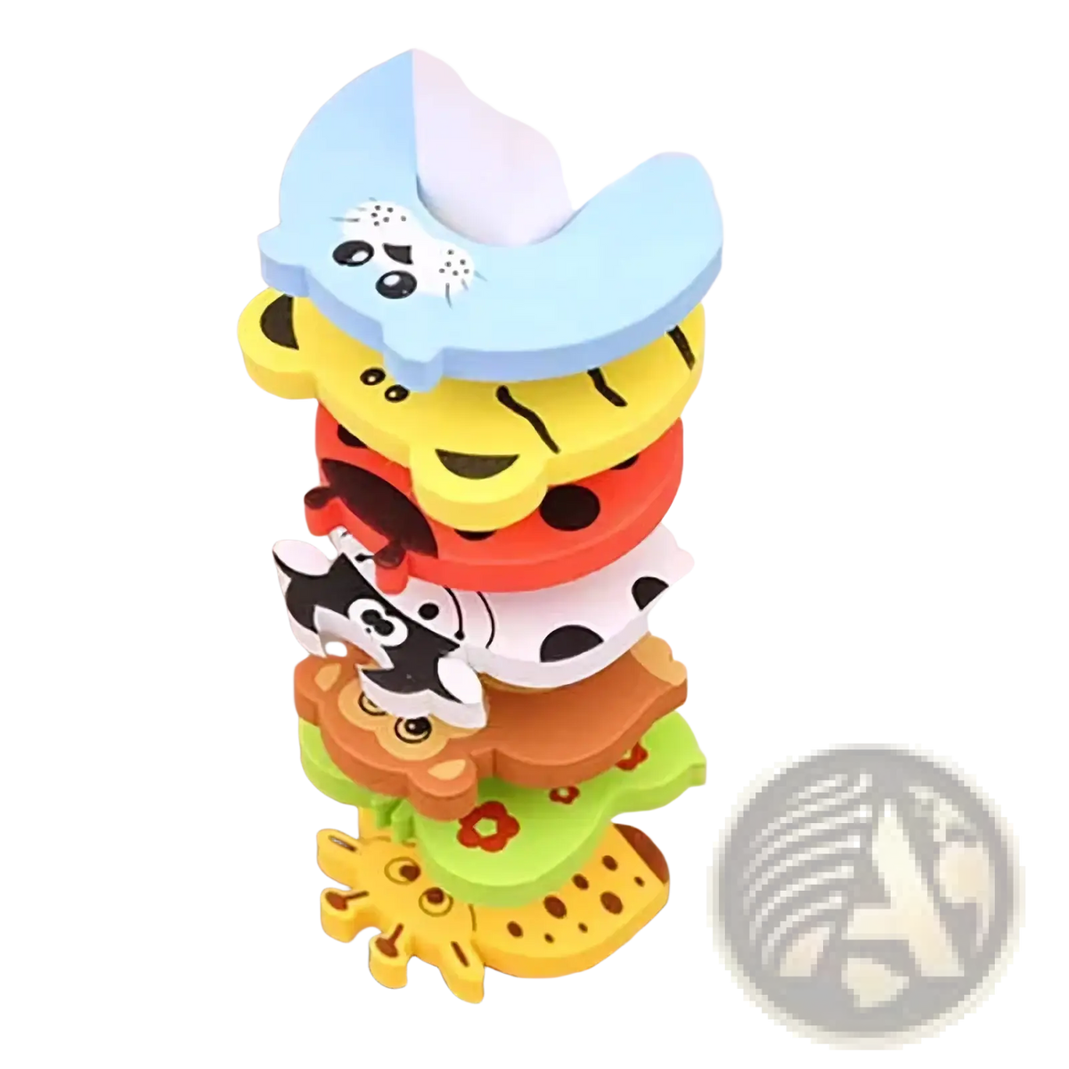 A stack of colorful foam baby safety door stoppers shaped like cute animals in blue yellow red white brown and green