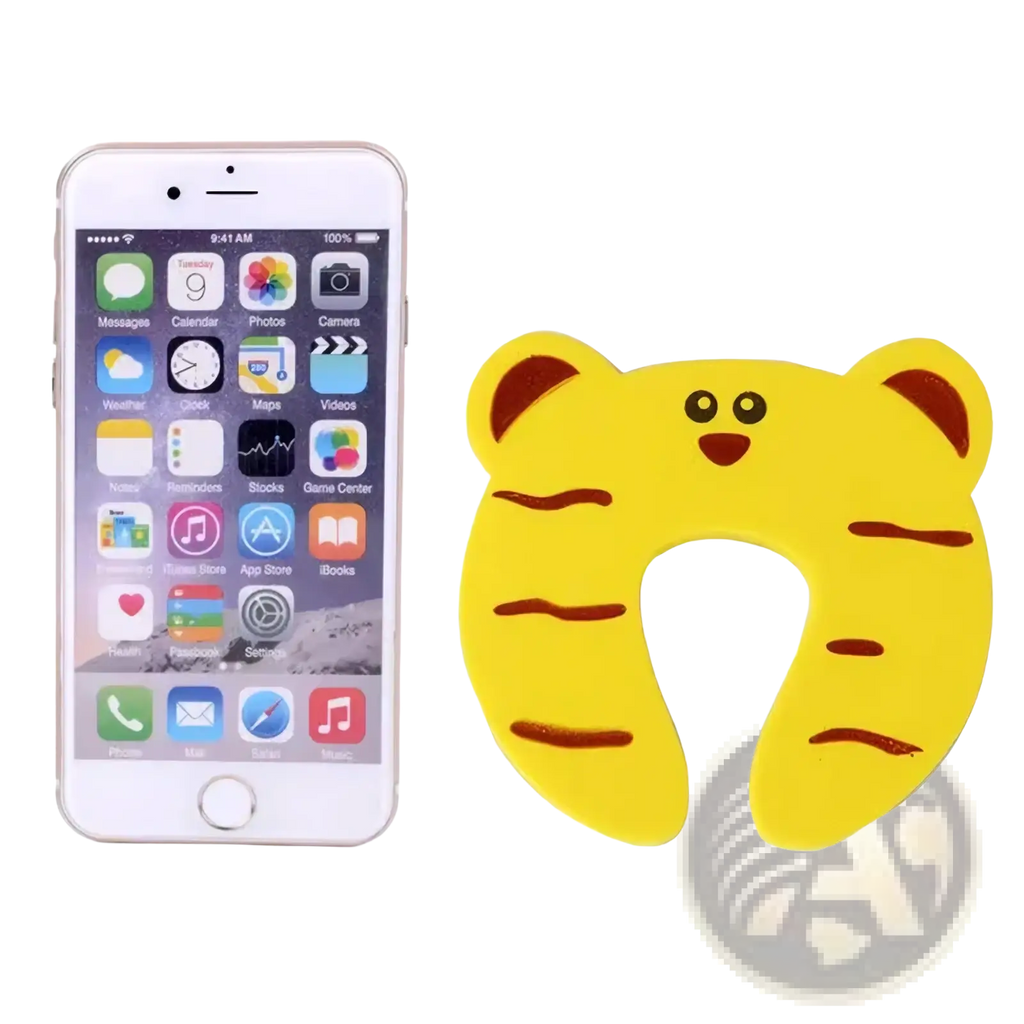 Yellow tiger-shaped neck pillow with brown stripes and embroidered face used as baby safety door stopper and finger protector