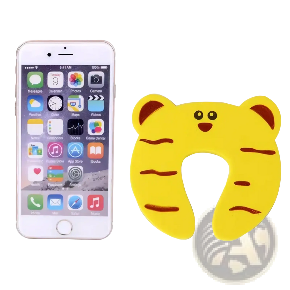 Yellow tiger-shaped neck pillow with brown stripes and embroidered face used as baby safety door stopper and finger protector