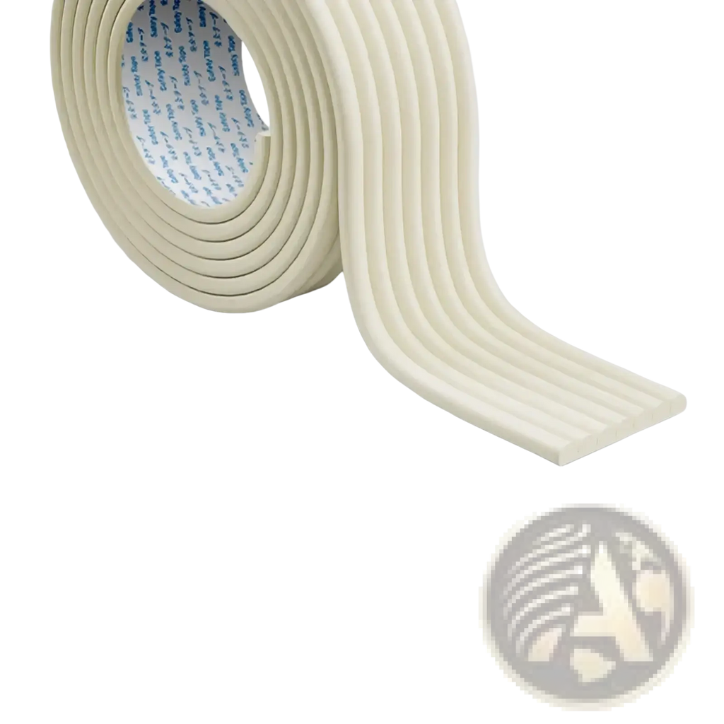 Cream-colored ribbed foam baby safety edge protector strip with peelable adhesive backing 2m length