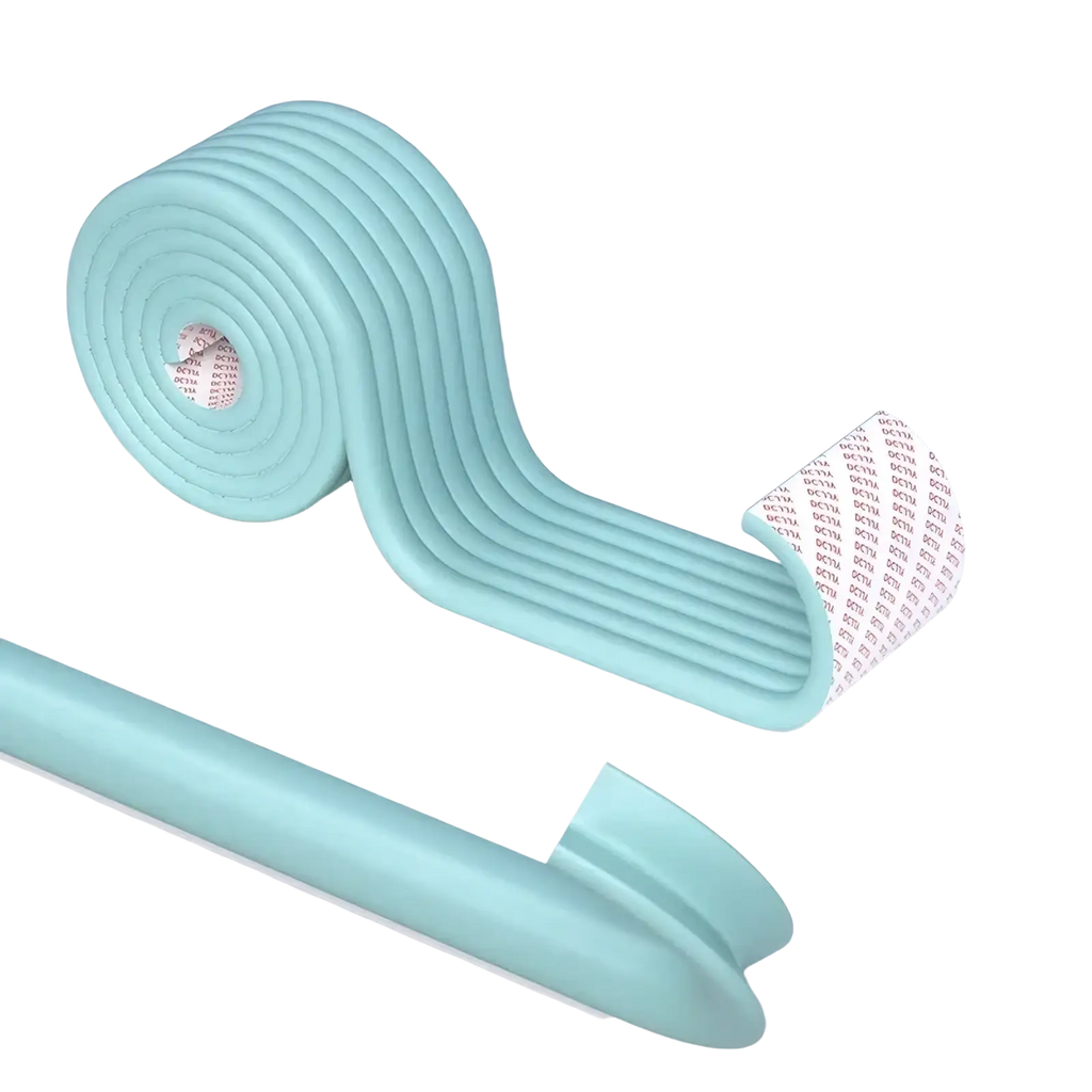 Light blue ribbed foam baby safety edge protector strip 2m with adhesive backing for childproofing sharp edges