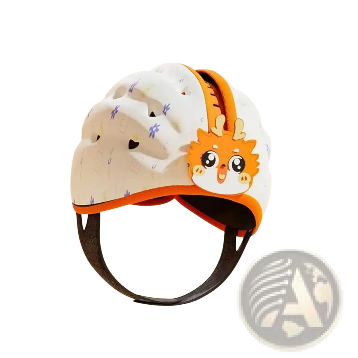 White toddler safety helmet with orange trim breathable design and cute cartoon deer face charm for head protection