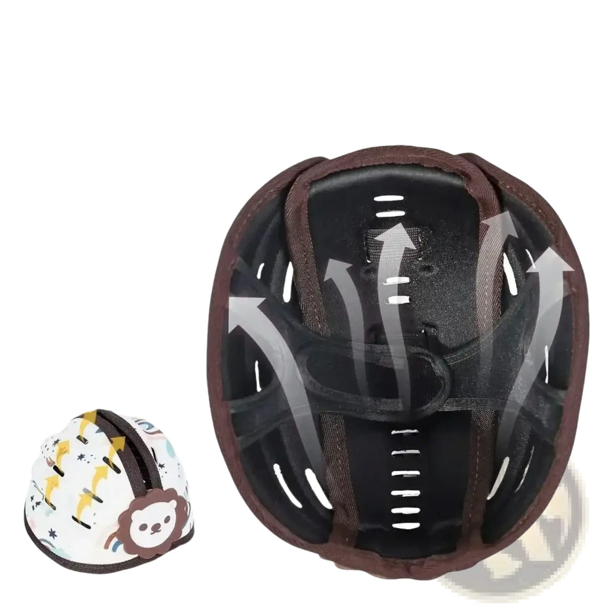 Brown and black baby safety helmet with breathable cotton lining and 18 ventilation holes for toddler head protection
