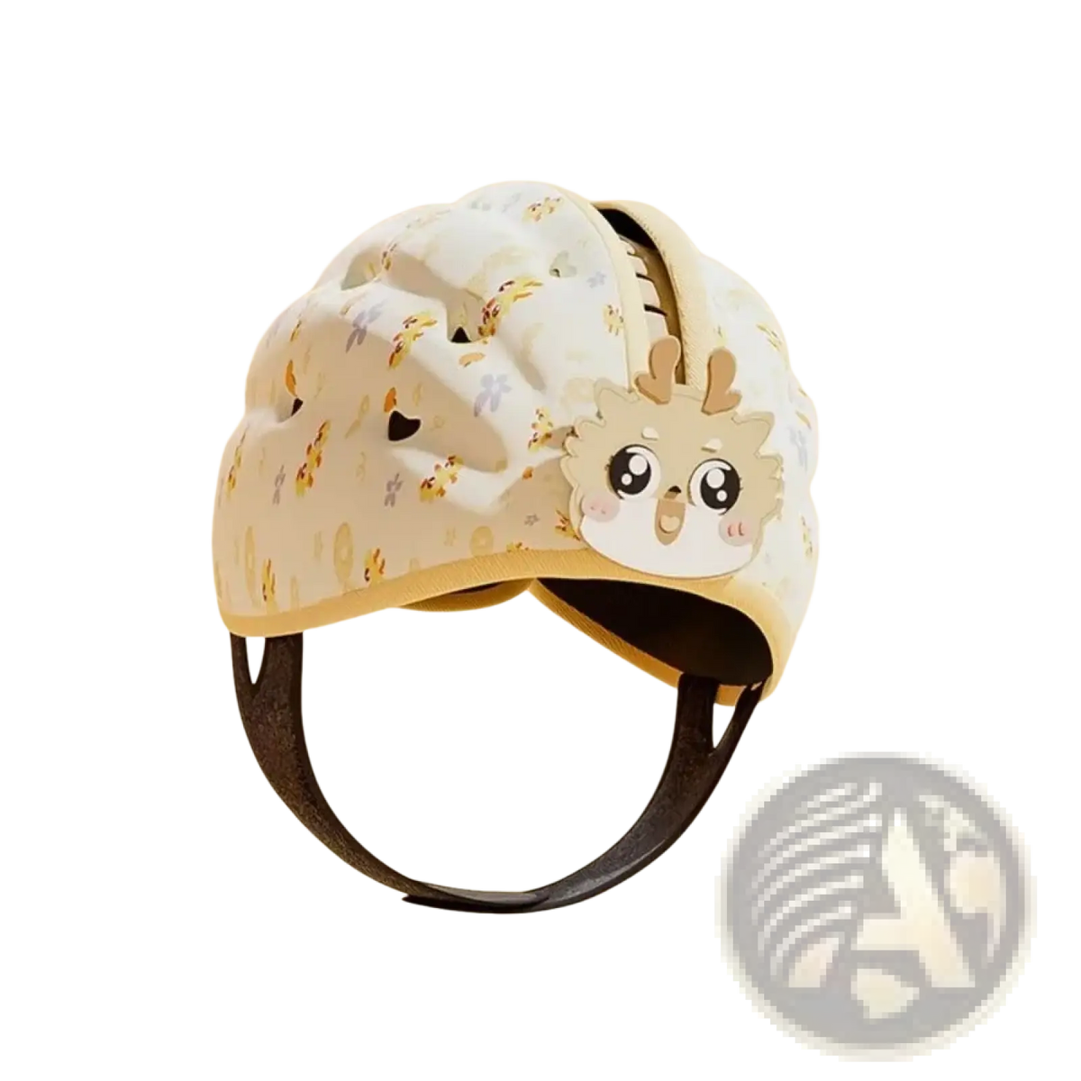A cream-colored breathable baby safety helmet with a playful deer face and yellow floral patterns for toddlers