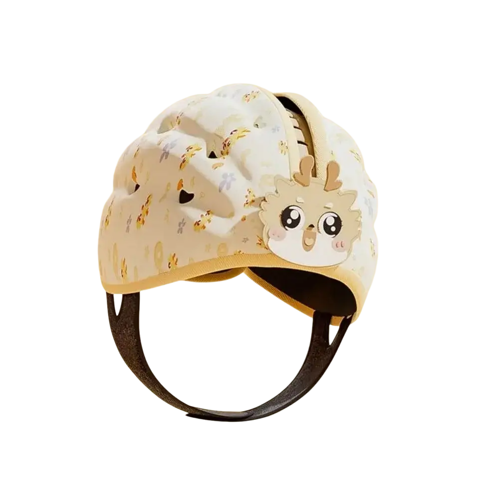 A cream-colored breathable baby safety helmet with a playful deer face and yellow floral patterns for toddlers