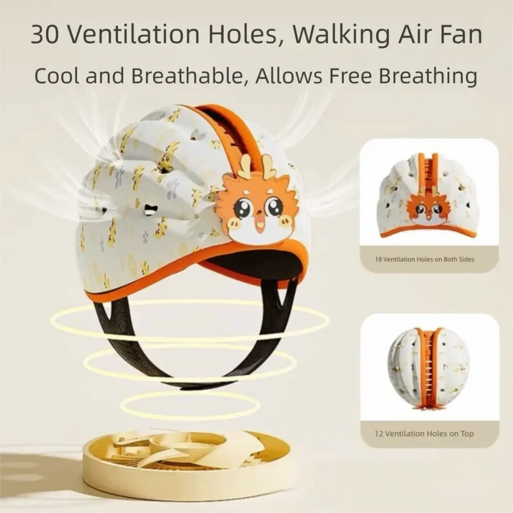 Baby safety helmet in white with orange trim featuring 30 ventilation holes and a cartoon dinosaur face for toddlers