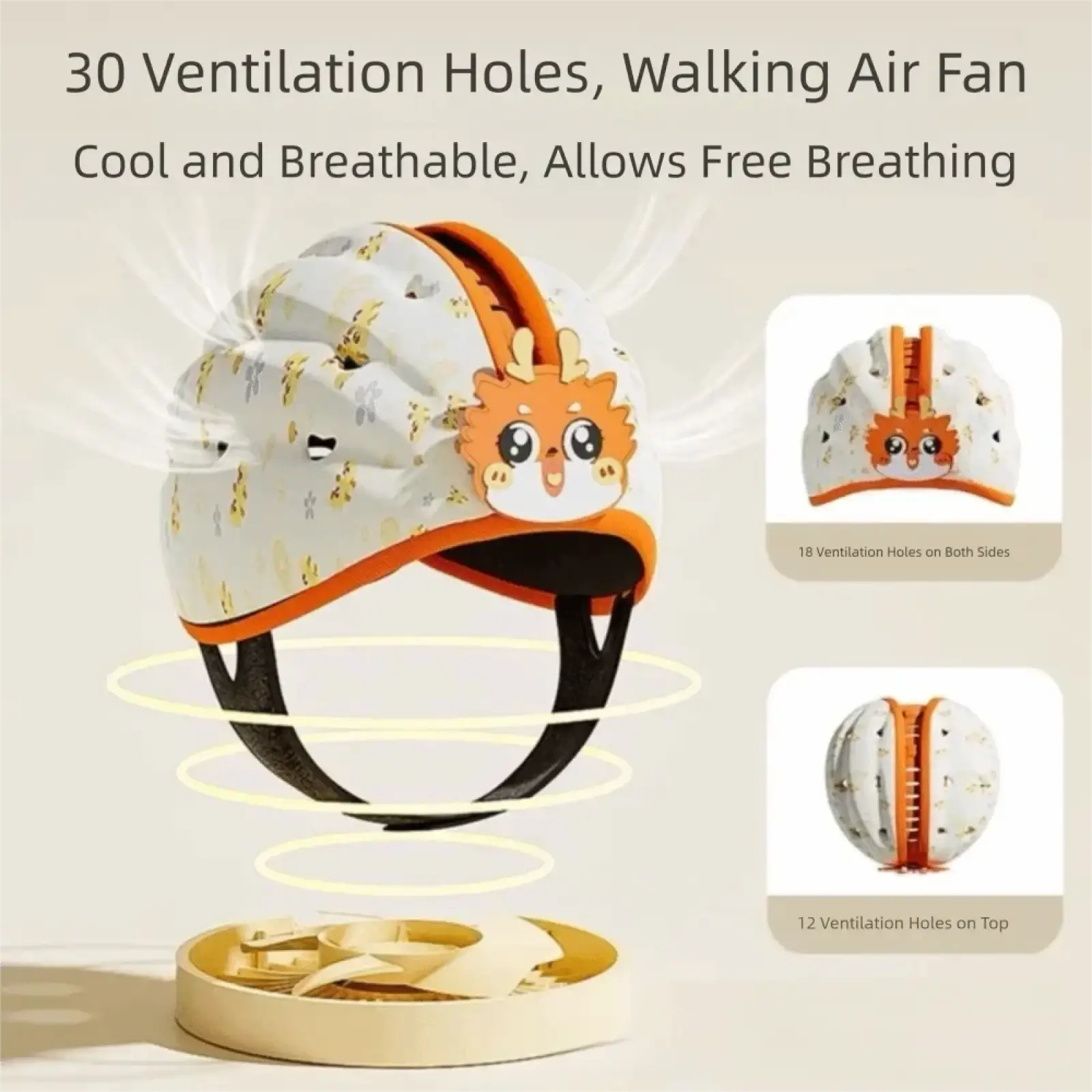 Baby safety helmet in white with orange trim featuring 30 ventilation holes and a cartoon dinosaur face for toddlers