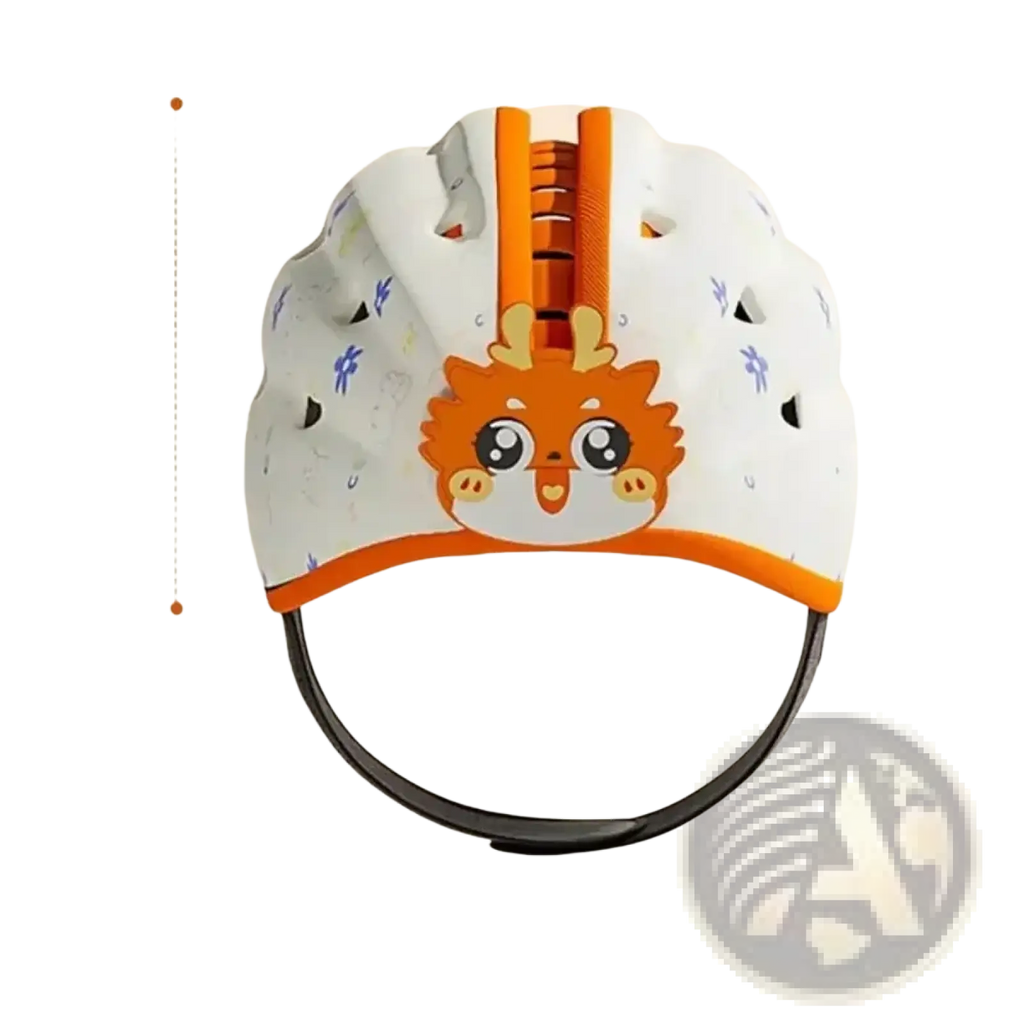 White toddler safety helmet with breathable design orange zipper and cartoon fox face with blue floral patterns
