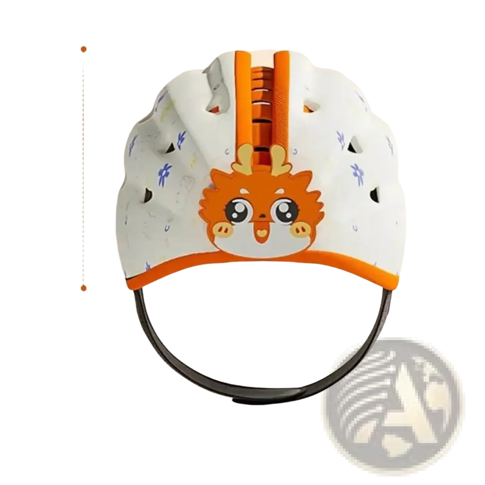 White toddler safety helmet with breathable design orange zipper and cartoon fox face with blue floral patterns