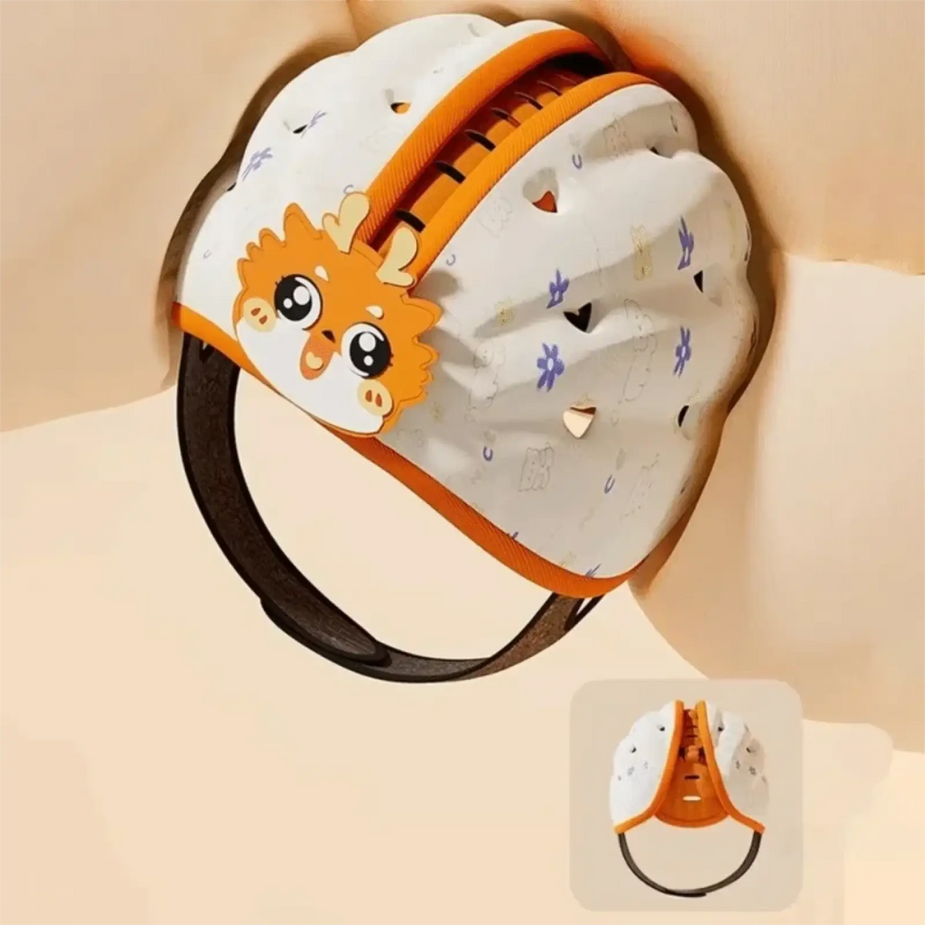 White children safety helmet with orange zipper and cartoon lion face featuring purple floral patterns for toddlers