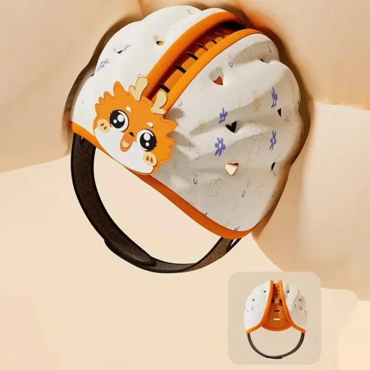 White children safety helmet with orange zipper and cartoon lion face featuring purple floral patterns for toddlers