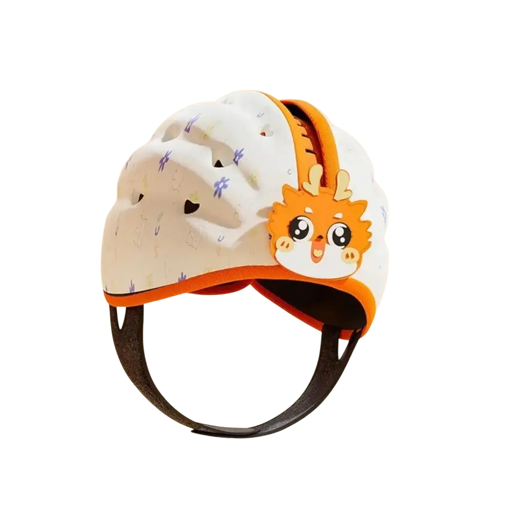White toddler safety helmet with orange trim breathable design and cute cartoon deer face charm for head protection
