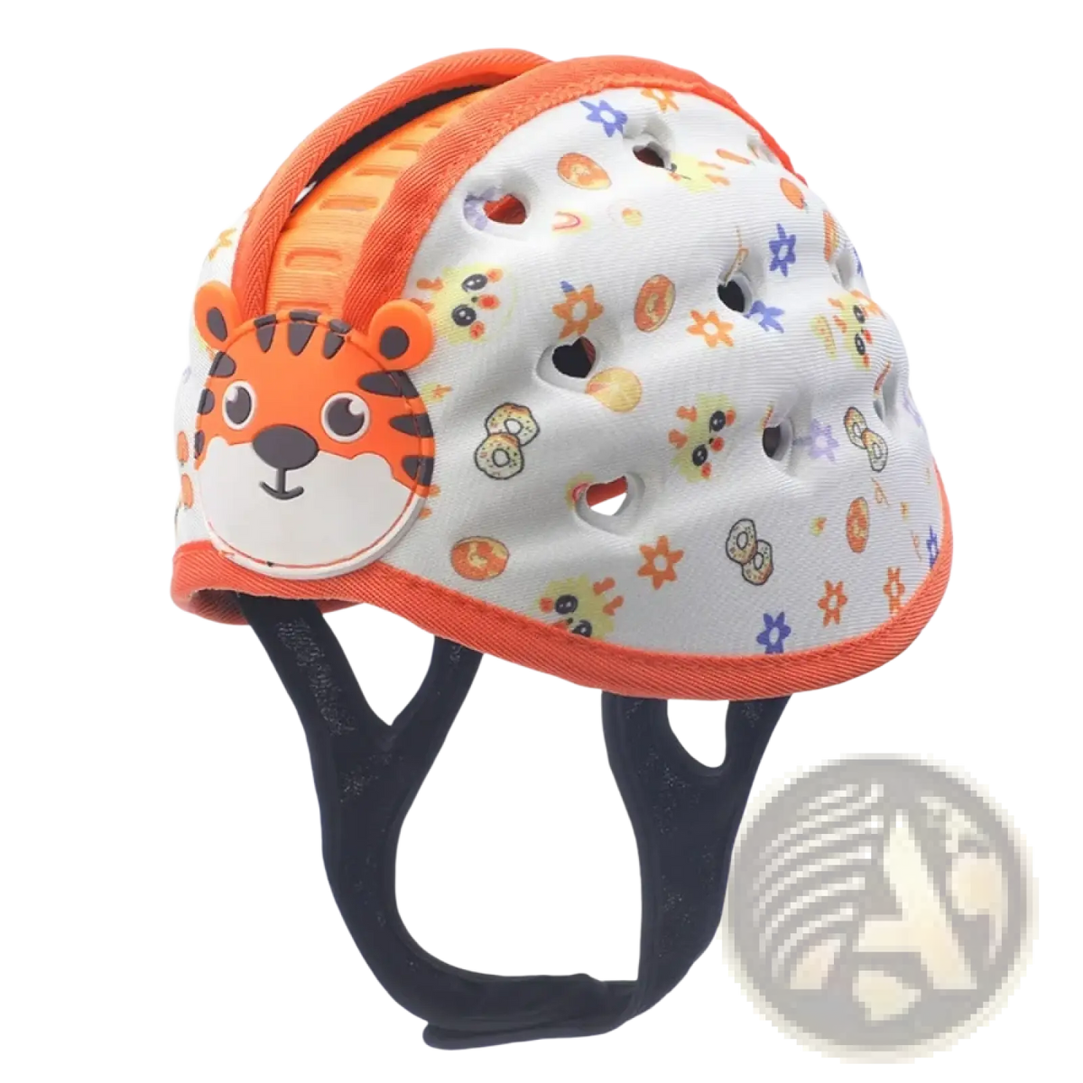 White toddler safety helmet with orange trim, cartoon tiger face, colorful animal prints, and ventilation holes for breathability