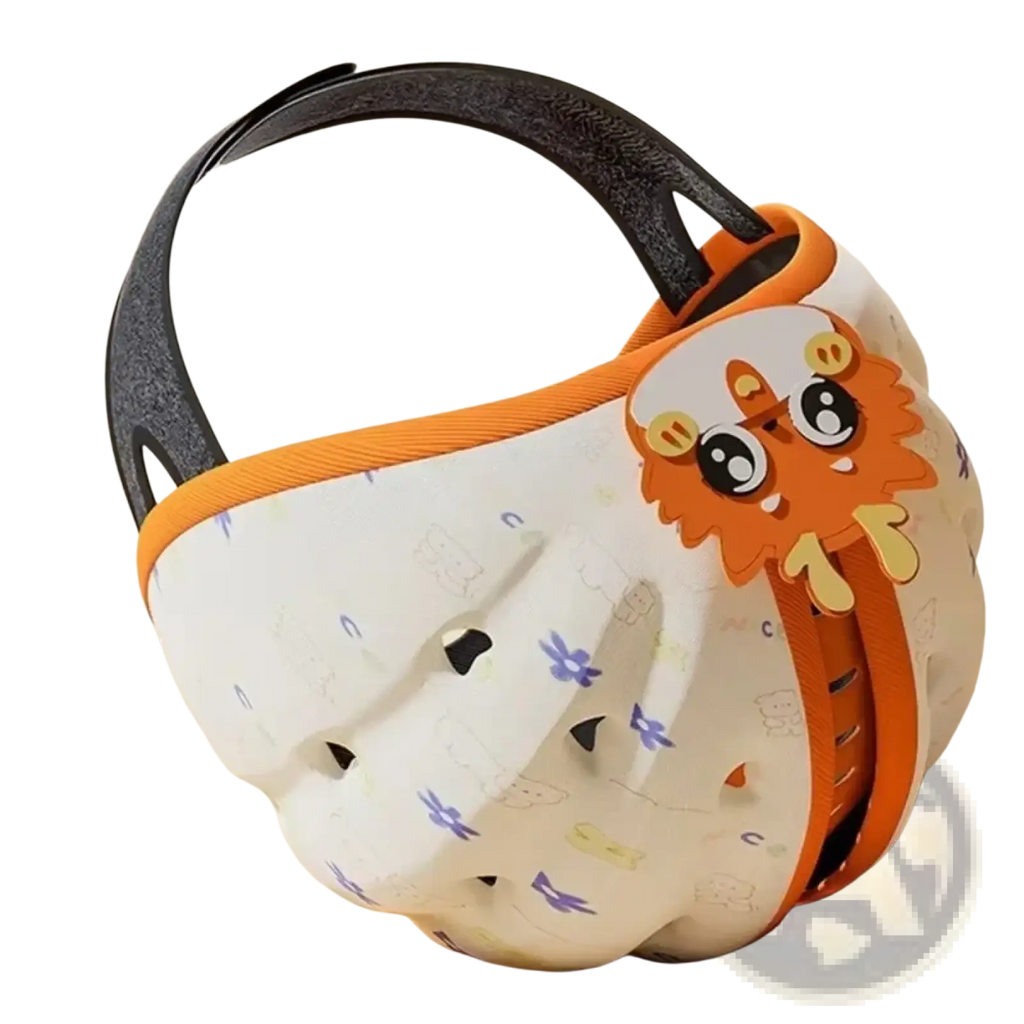 Baby safety helmet toddler head protector in white and orange with a cartoon lion face and black elastic straps