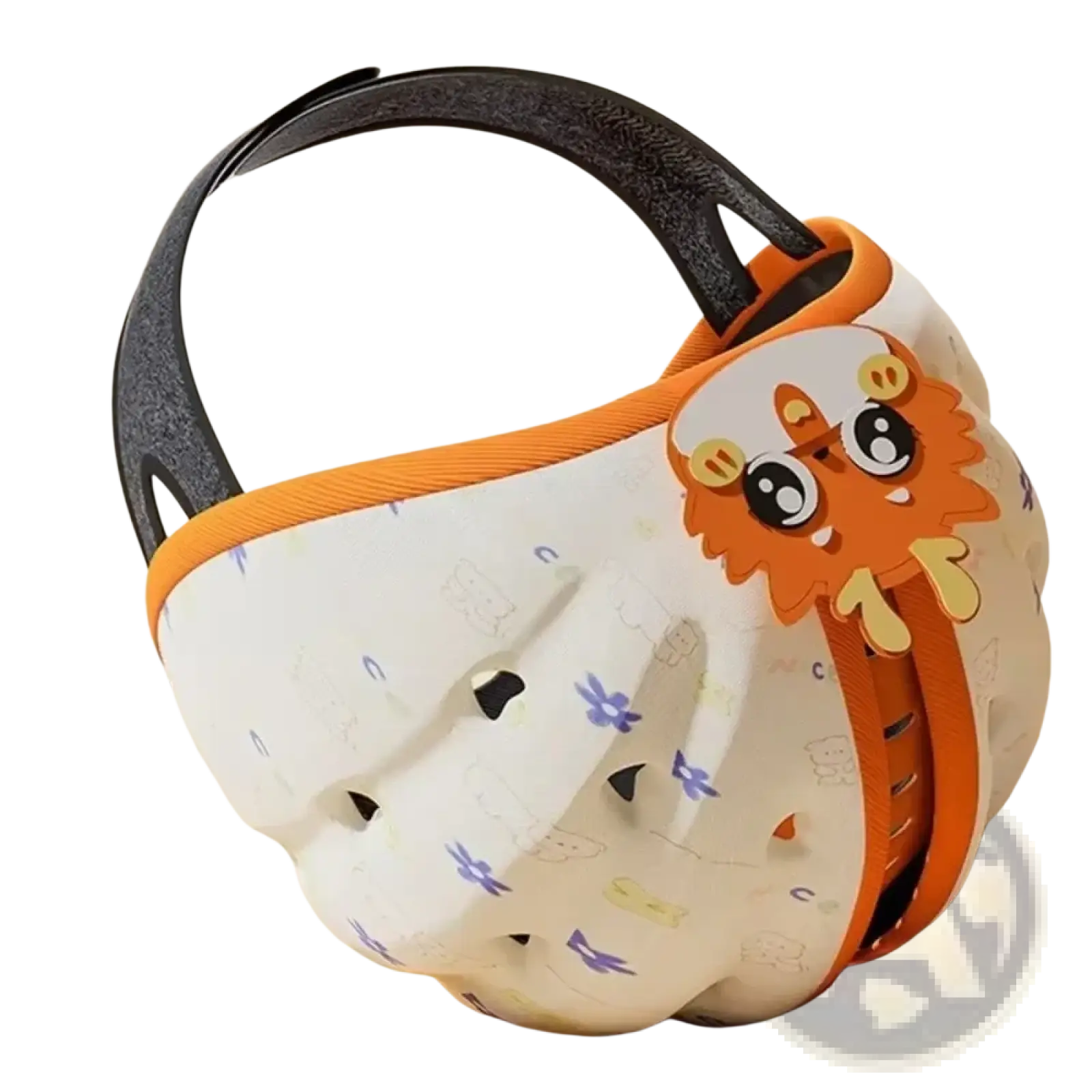Baby safety helmet toddler head protector in white and orange with a cartoon lion face and black elastic straps