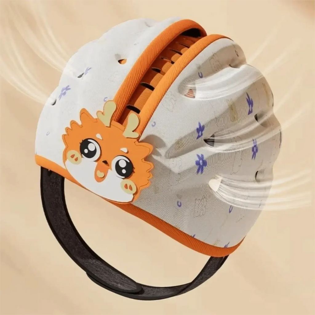 White and orange breathable toddler safety helmet with a cute cartoon animal face charm for head protection