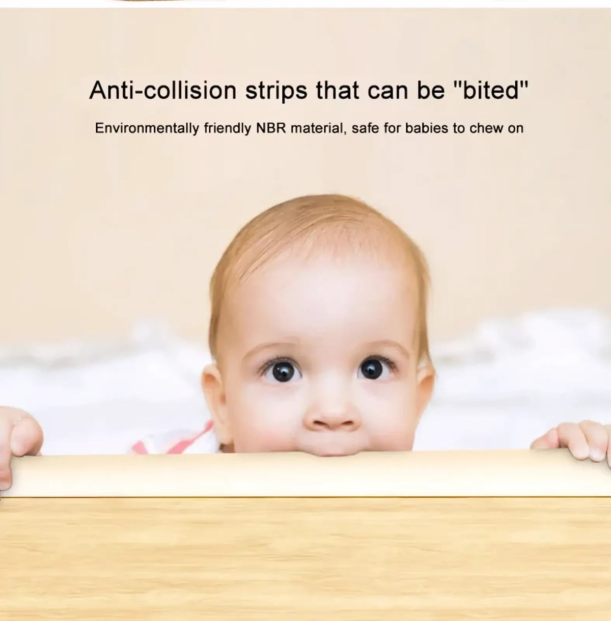 Beige baby safety table corner protector strip made of eco-friendly nbr material designed for safe baby chewing