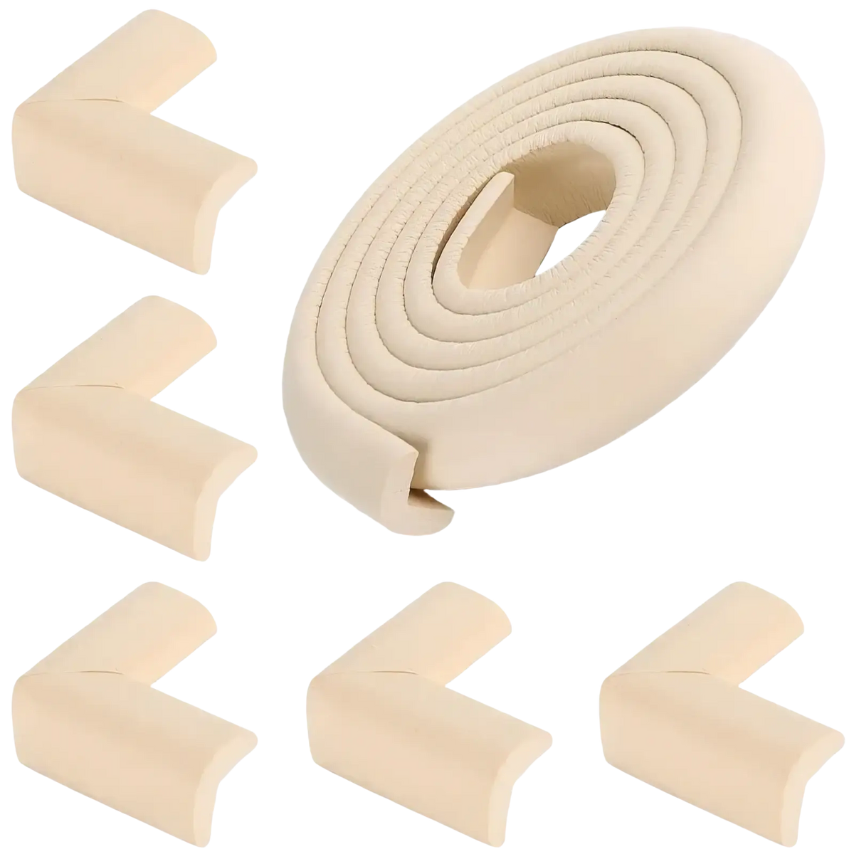 Beige foam baby safety table corner protectors and coiled strip for child-safe edge shielding and injury prevention