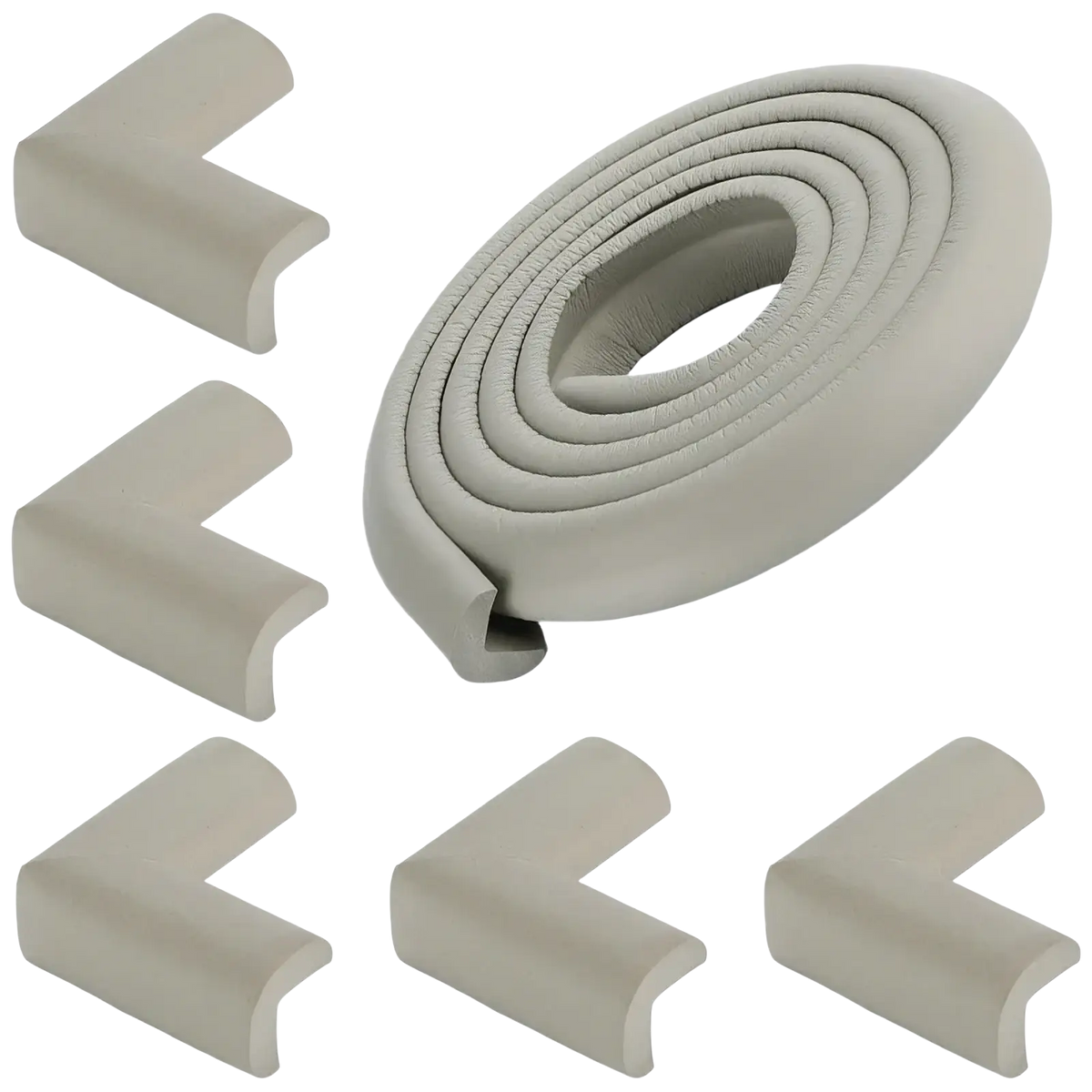 Beige foam baby safety table corner protectors and coiled safety bumper strip designed for childproofing furniture edges
