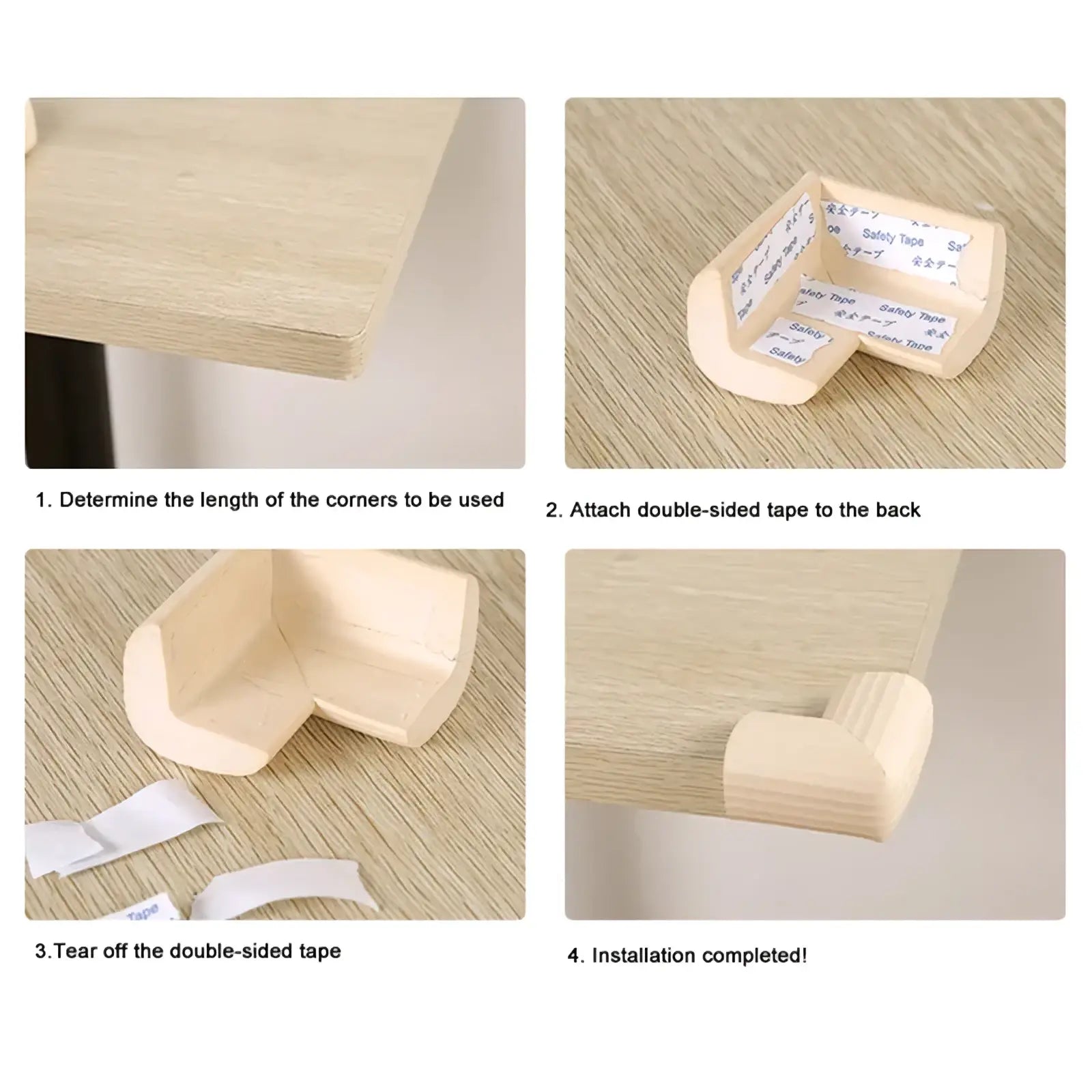Beige foam baby safety table corner protector strip with double-sided tape for easy installation on furniture edges
