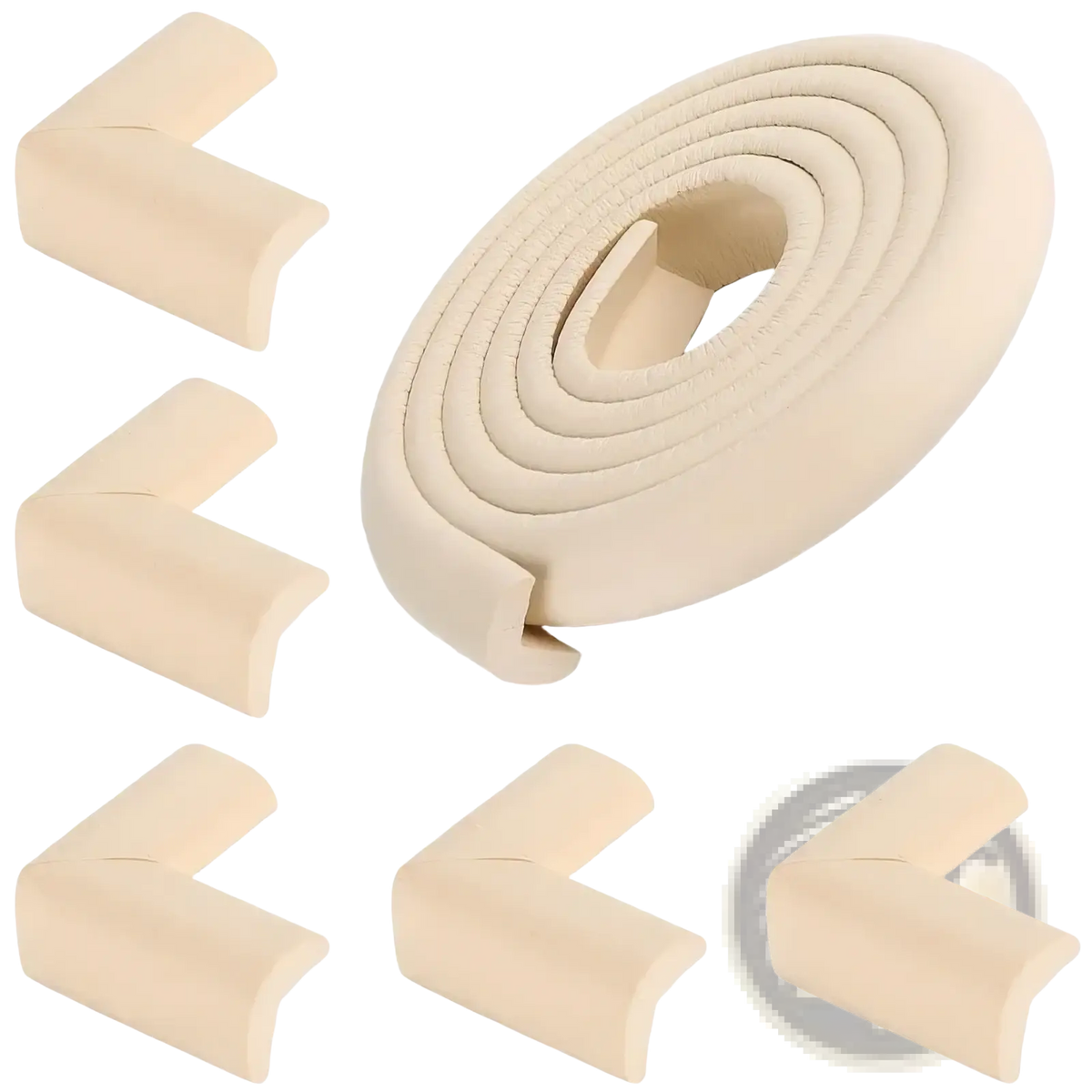 Beige foam baby safety table corner protectors and coiled strip for child-safe edge shielding and injury prevention