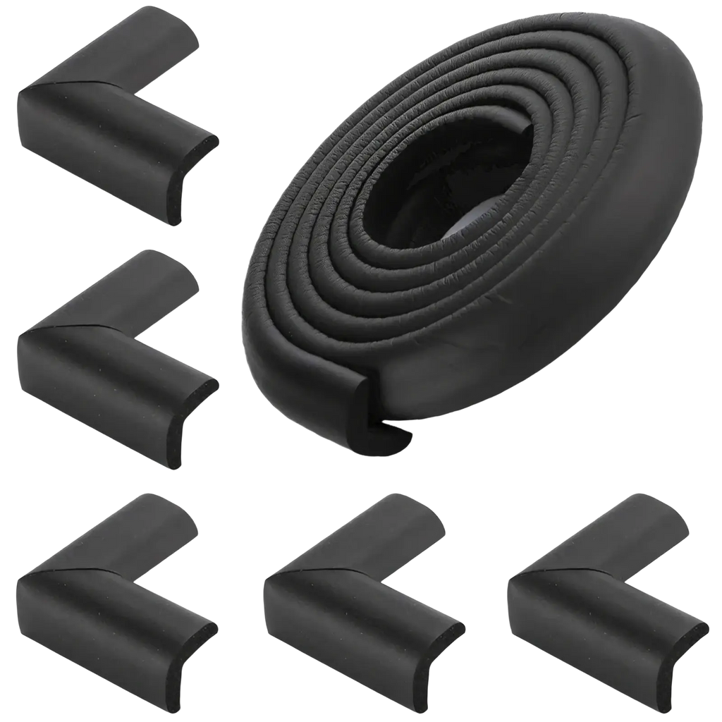 Black foam baby safety table corner protector strips coiled and in individual l shaped pieces for child protection